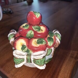 Red Apples Granny Core Sugar Bowl Ceramic 3D Basket Weave Vintage